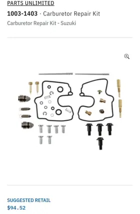 1003-1403 Parts Unlimited Carburetor Repair Rebuild Kit Diaphragm For 1998-2004 Suzuki Intruder Vl1500